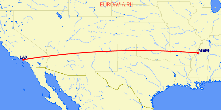 перелет Мемфис — Лос Анджелес на карте