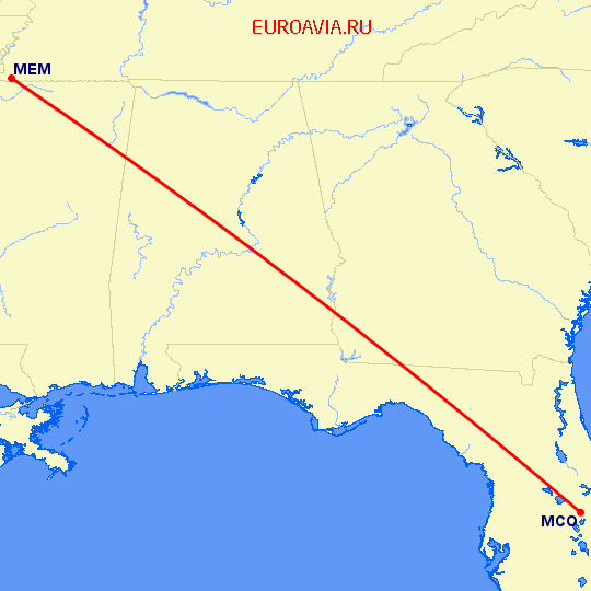 перелет Мемфис — Орландо на карте