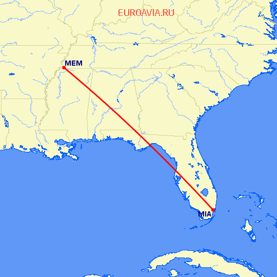 перелет Мемфис — Майами на карте
