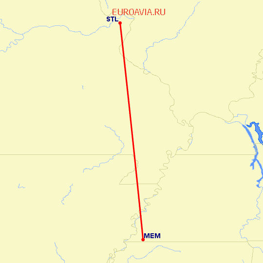 перелет Мемфис — Сент Луис на карте