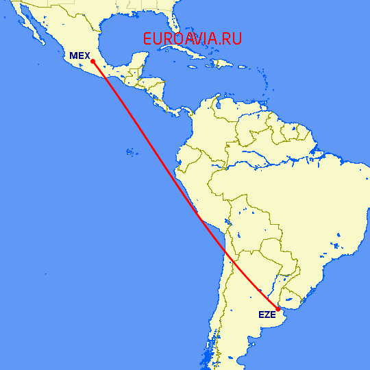 перелет Мексико Сити — Буэнос Айрес на карте