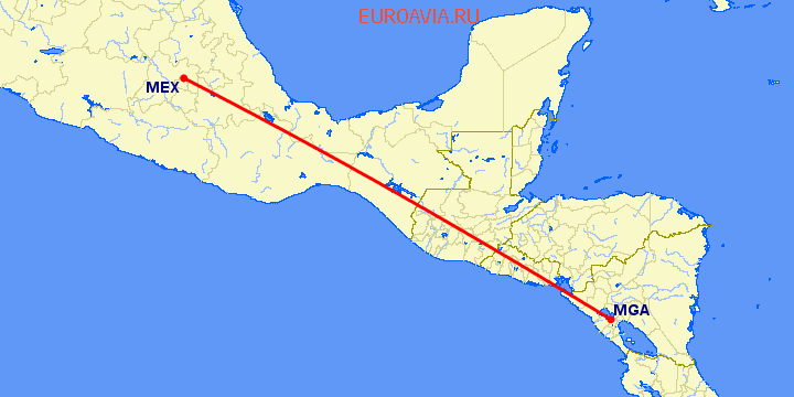 перелет Мексико Сити — Манагуа на карте