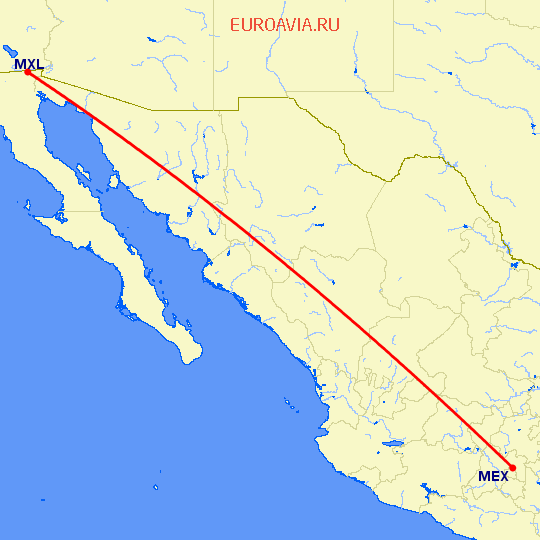 перелет Мексико Сити — Mexicali на карте