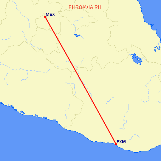 перелет Мексико Сити — Пуэрто Эскондидо на карте