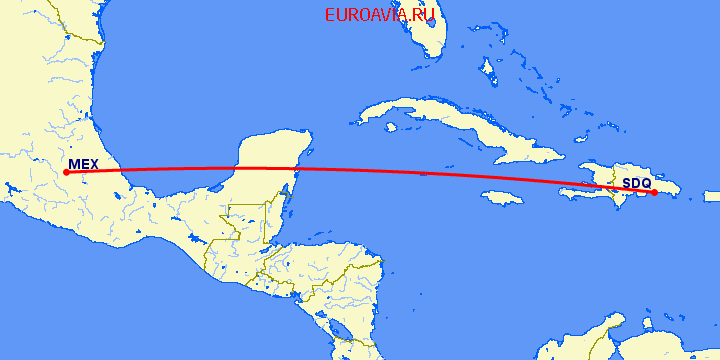 перелет Мексико Сити — Санто Доминго на карте