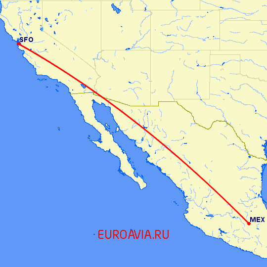 перелет Мексико Сити — Сан Франциско на карте