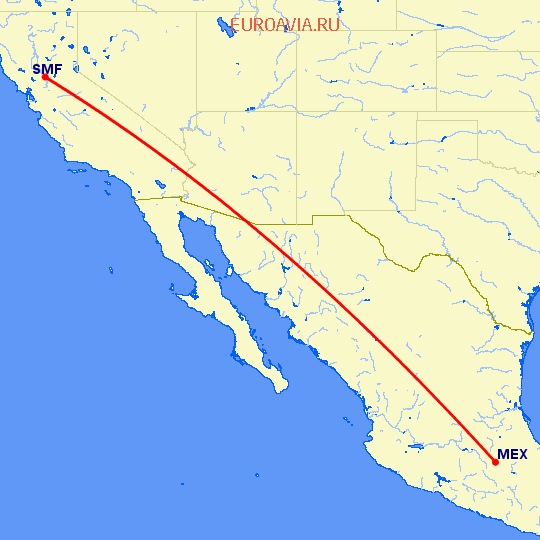 перелет Мексико Сити — Сакраменто на карте