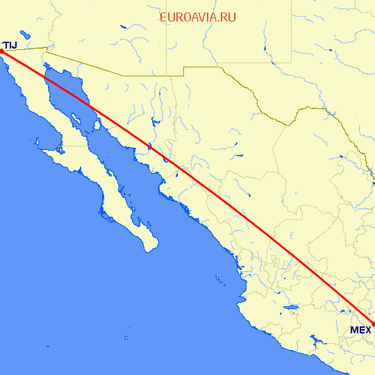 перелет Мексико Сити — Тихуана на карте