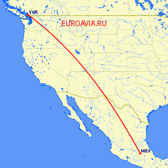 перелет Мексико Сити — Ванкувер на карте