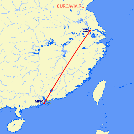 перелет Макао — Чангзу на карте
