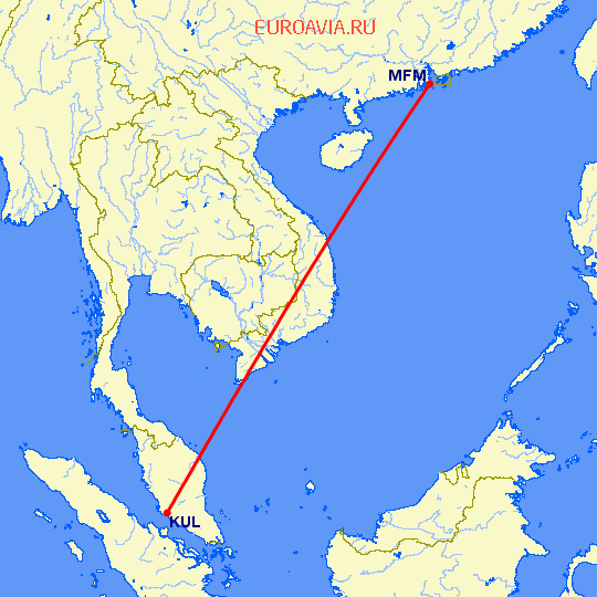 перелет Макао — Куала Лумпур на карте
