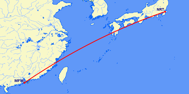 перелет Макао — Токио на карте