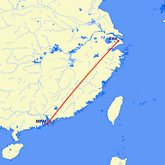 перелет Макао — Шанхай на карте