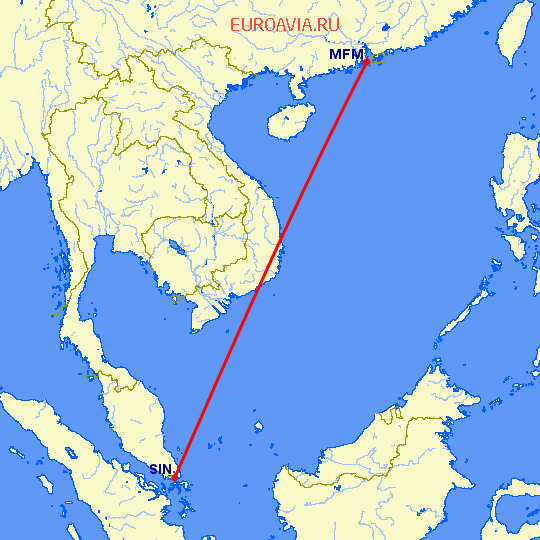 перелет Макао — Сингапур на карте