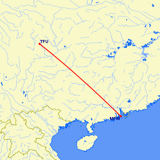 перелет Макао — Чэнду Тяньфу на карте