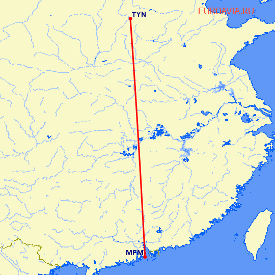 перелет Макао — Тайюань на карте