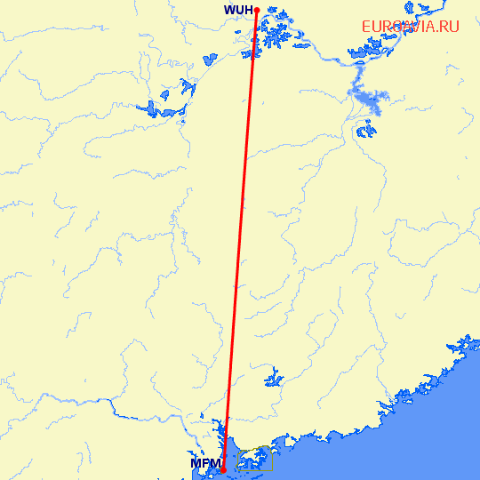 перелет Макао — Вухан на карте
