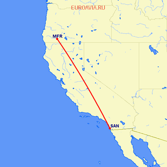 перелет Медфорд — Сан Диего на карте