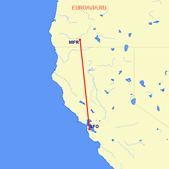 перелет Медфорд — Сан Франциско на карте