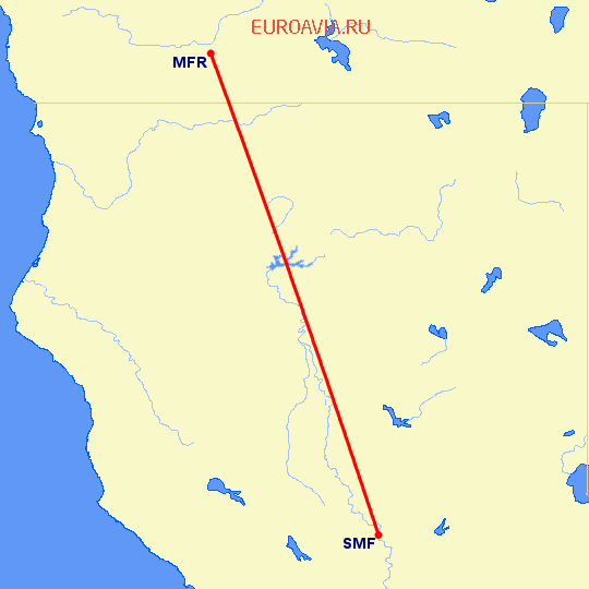 перелет Медфорд — Сакраменто на карте