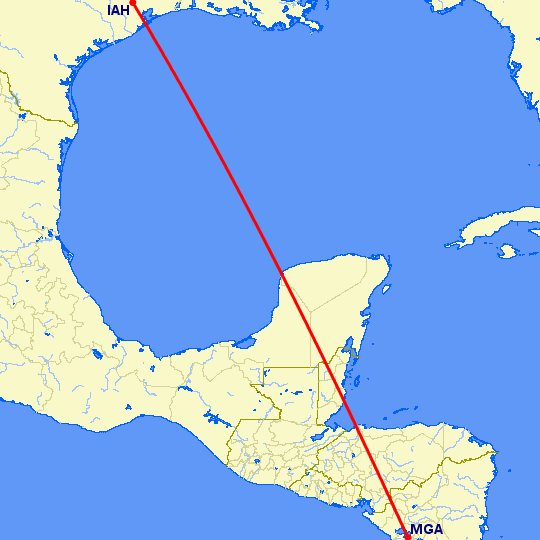 перелет Манагуа — Хьюстон на карте