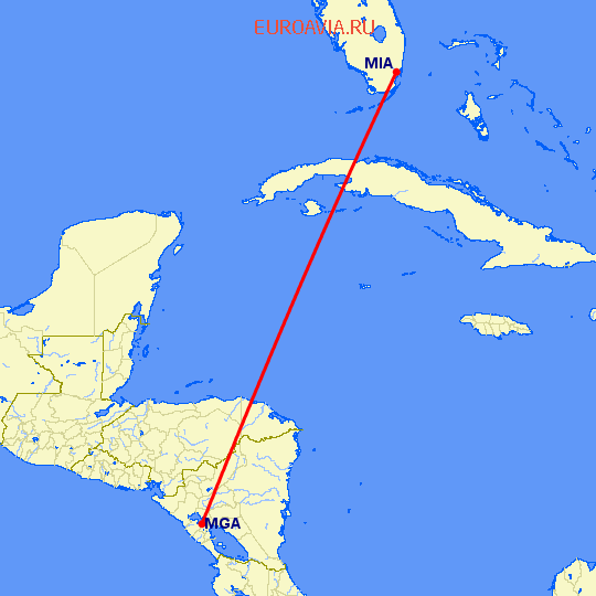 перелет Манагуа — Майами на карте
