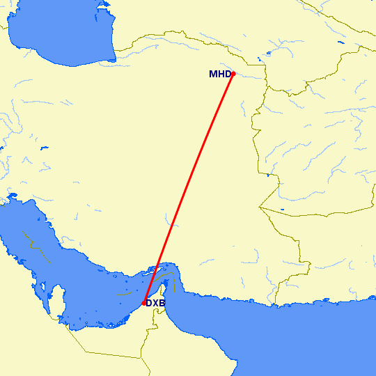 перелет Машад — Дубай на карте