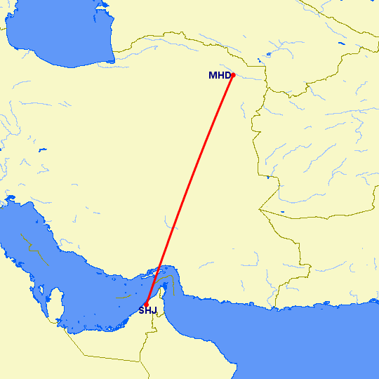 перелет Машад — Шарджа на карте