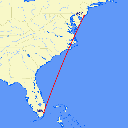 перелет Майами — Атлантик Сити на карте