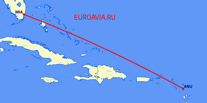 перелет Майами — Сент Джонс на карте