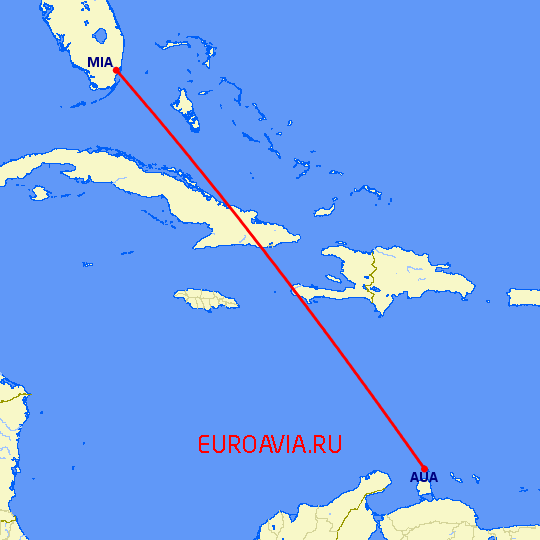 перелет Майами — Aruba на карте