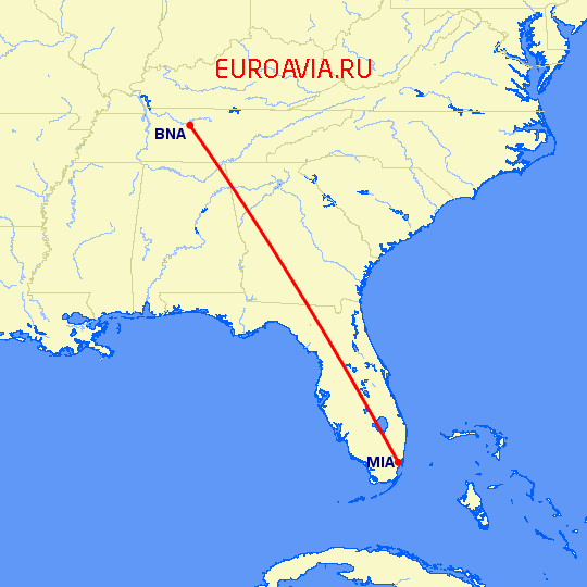 перелет Майами — Нашвилл на карте