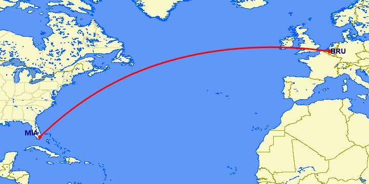 перелет Майами — Брюссель на карте