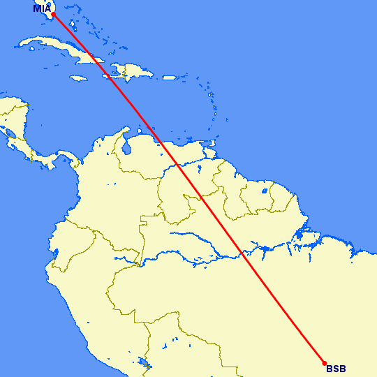 перелет Майами — Бразилия на карте