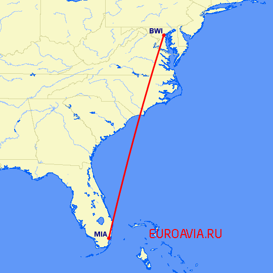 перелет Майами — Балтимор на карте