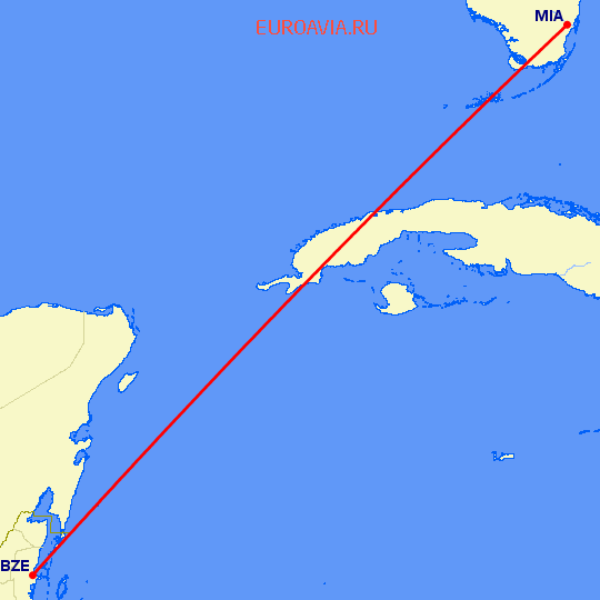 перелет Майами — Белиз Сити на карте