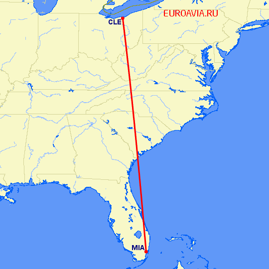 перелет Майами — Кливленд на карте