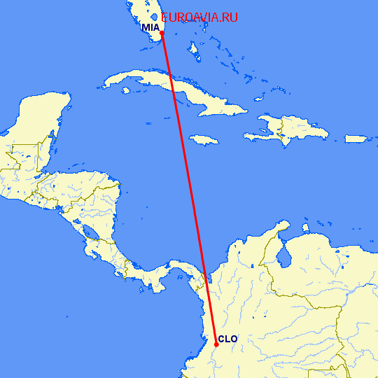 перелет Майами — Кали на карте