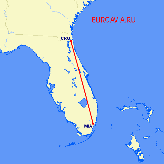 перелет Майами — Jacksonville на карте