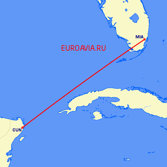 перелет Майами — Канкун на карте