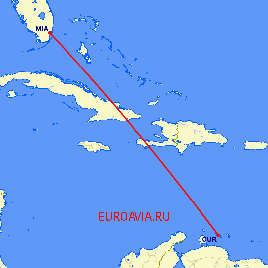 перелет Майами — Curacao на карте