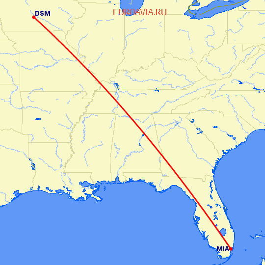 перелет Майами — Des Moines на карте