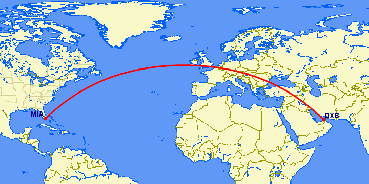 перелет Майами — Дубай на карте