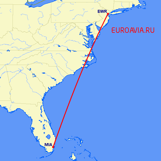 перелет Майами — Ньюарк на карте