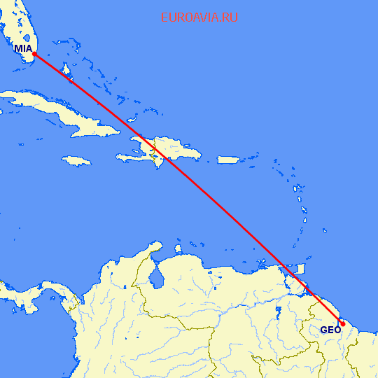 перелет Майами — Джорджтаун на карте