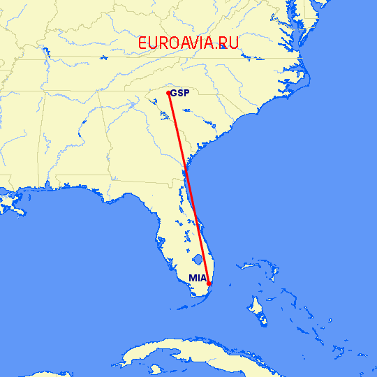 перелет Майами — Greenville на карте