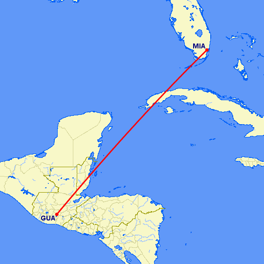 перелет Майами — Гватемала Сити на карте