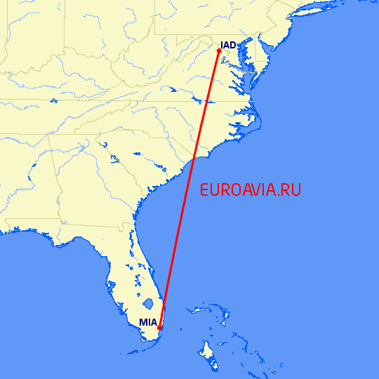 перелет Майами — Вашингтон на карте