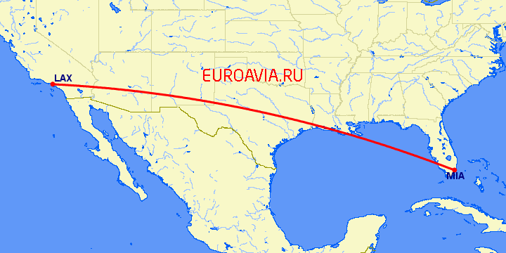 перелет Майами — Лос Анджелес на карте