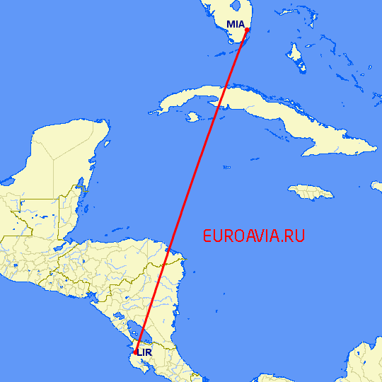 перелет Майами — Либерия на карте